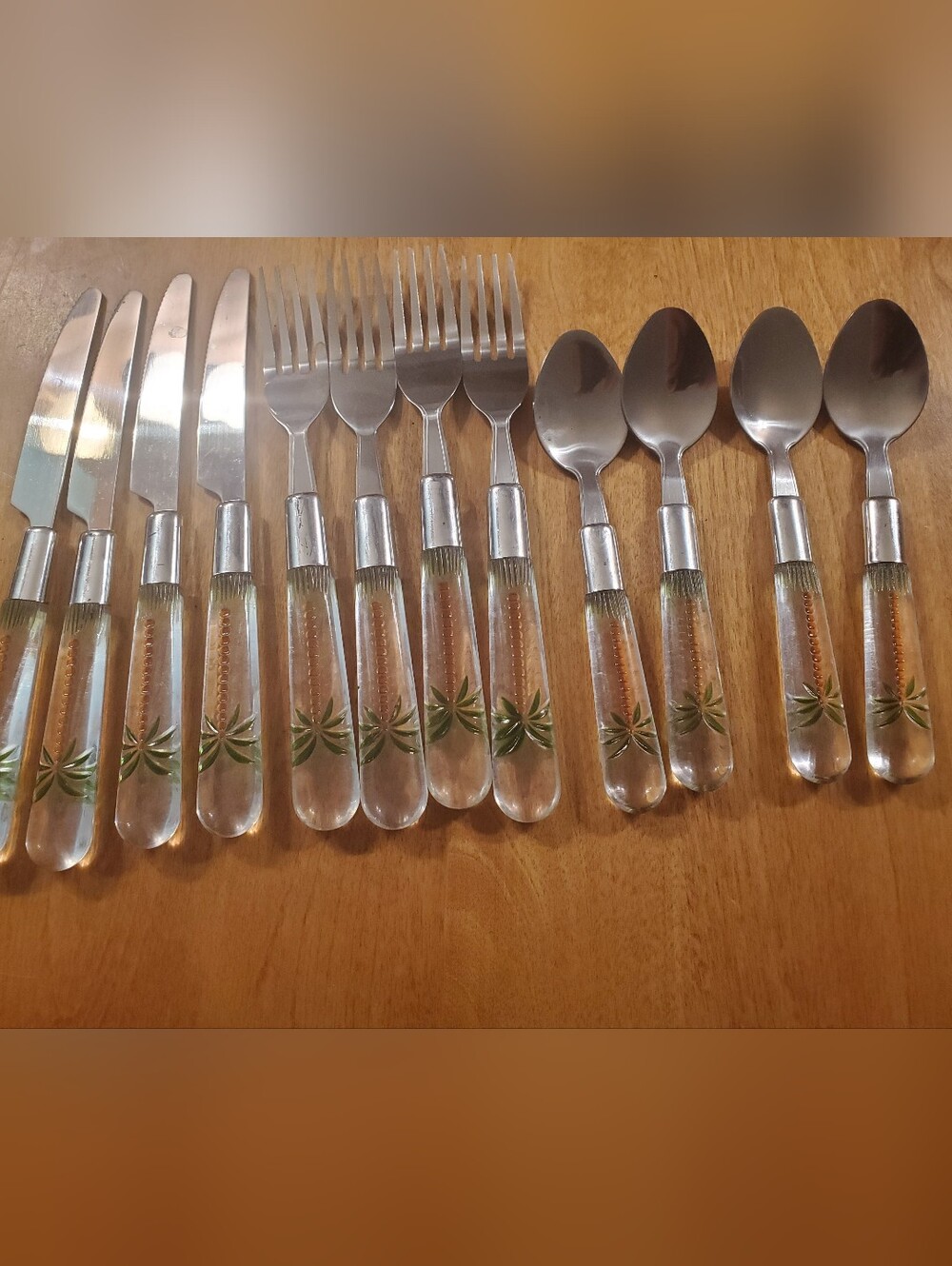 Vintage Cambridge Palm Tree Flatware Stainless Clear Acrylic Lucite Silverware